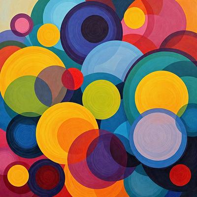The primary subject of the image is a colorful, abstract painting featuring a variety of circles and other shapes. The setting is a canvas, and the visual style is a mix of digital art and illustration. The dominant colors in the painting are yellow, blue, and red, creating a vibrant and lively atmosphere.